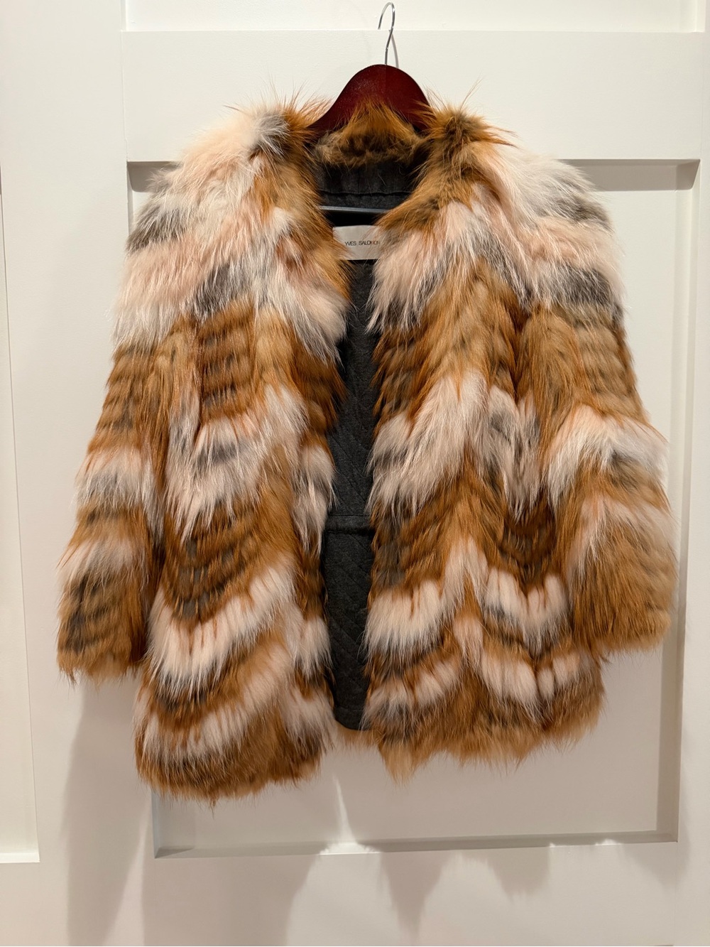 Yves Salomon Multi-Tone Fox Fur Chevron Coat in Rust and Cream- size 34